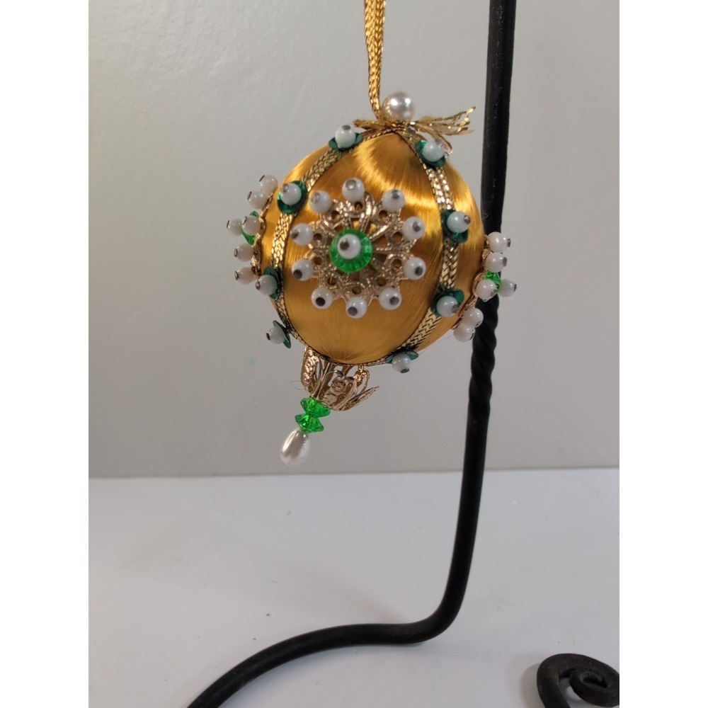 Vintage Sequin Beaded Pushpin 3" Gold Green Christmas Ornament